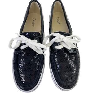 Dexter Womens Sequined Sparkle Lace Up Loafer Boat Deck Flat Shoes Black Wht 6.5